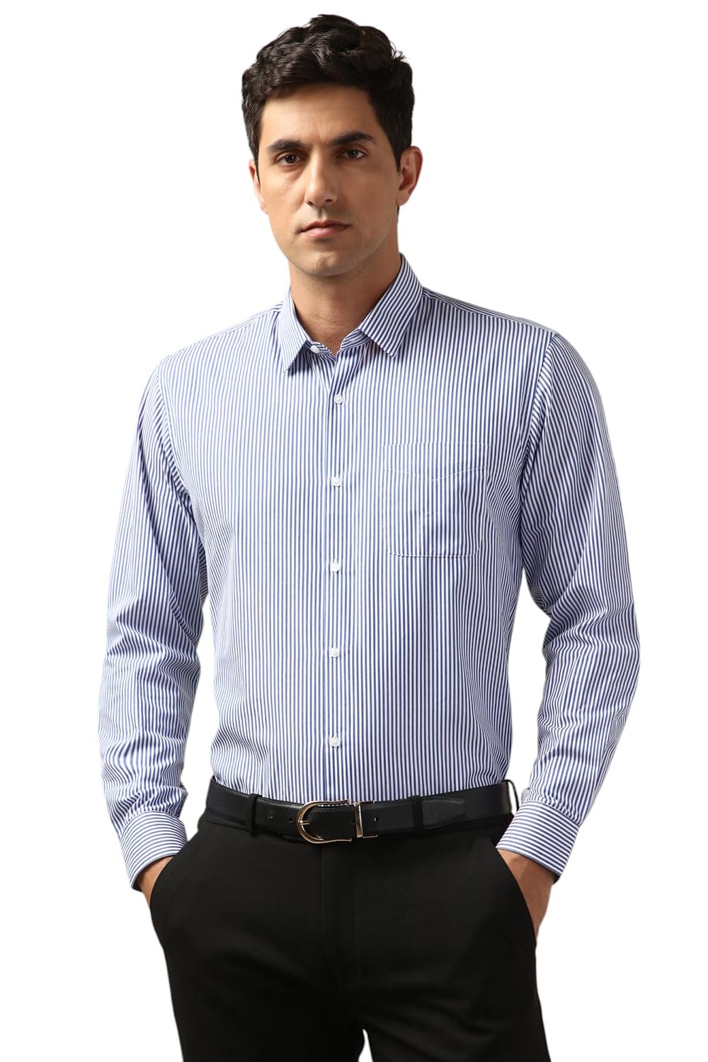 Peter England Men's Regular Fit Full Sleeve Striped Formal Shirt | Cotton Rich | Wonder Fabric | Premium Dobby Weave Blue