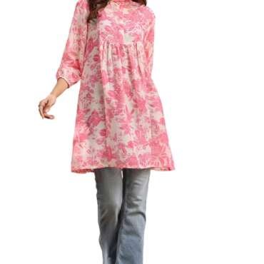 Janasya Women's Cream & Pink Silk Blend Floral Printed A-line Tunic (JAA25TU01665-2XL)