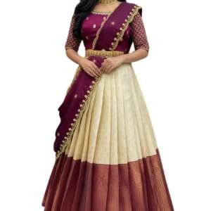 Fabcartz Beautiful Unstitch South Indian Lehenga Choli for Women | GT132 (Cream Purple)