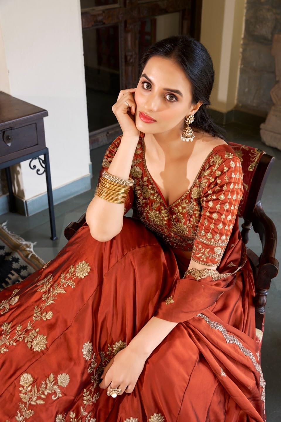 JIHU CULTURE Women's Orange Sequence Embroidery Work Silk Semi-Sttiched Lehenga Choli-JH290ORG - Image 4