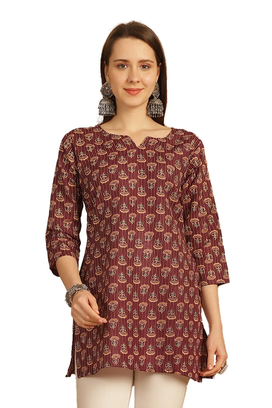 Rajnandini Women's Cotton Foil Printed Relaxed Fit Tunic Shirt (Joplst703-Xxl_Wine_Xxl)