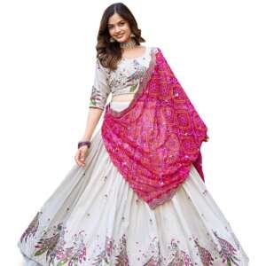 KEDARFAB Women's Chinnon Sequins Embroidered Lehenga Choli With Dupatta Set (Peacock)