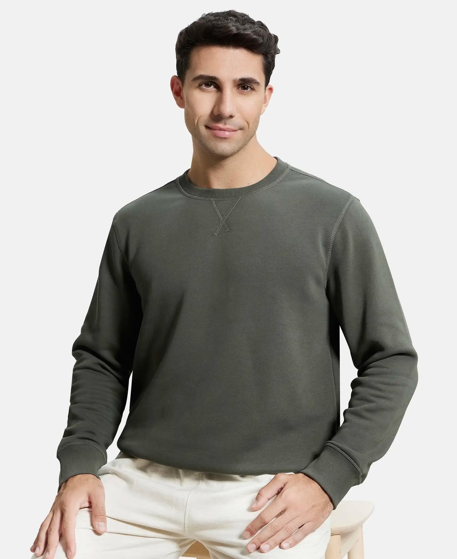 Jockey US92 Men's Super Combed Cotton Rich Fleece Fabric Sweatshirt with Stay Warm Treatment_Deep Olive_L - Image 3