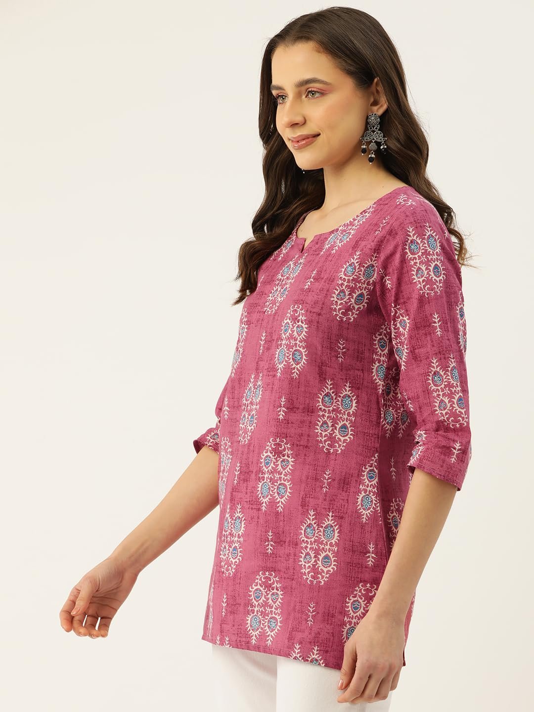 feranoid 3/4 Sleeve Round Neck Vcut top Magenta - Image 4