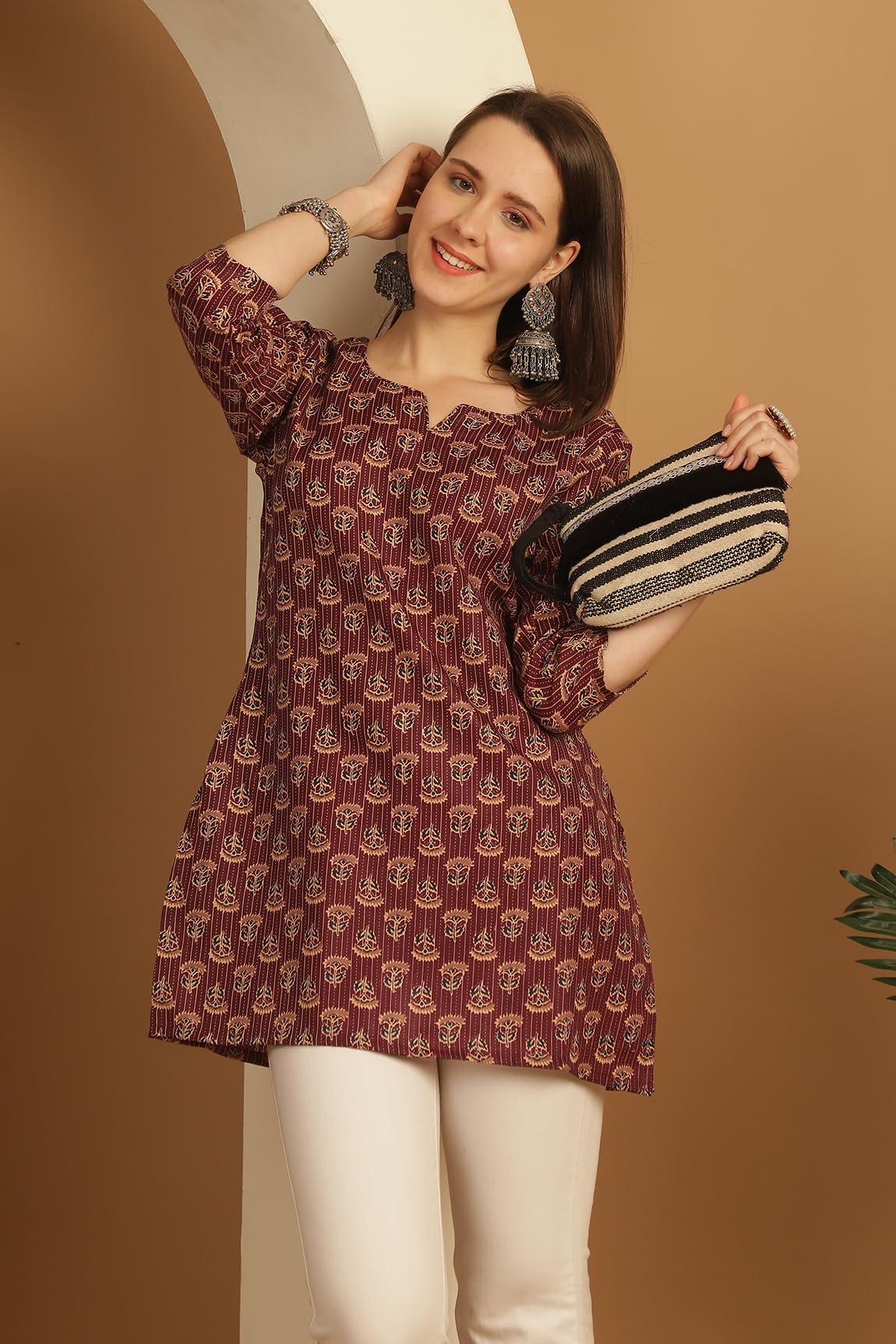 Rajnandini Women's Cotton Foil Printed Relaxed Fit Tunic Shirt (Joplst703-Xxl_Wine_Xxl) - Image 2