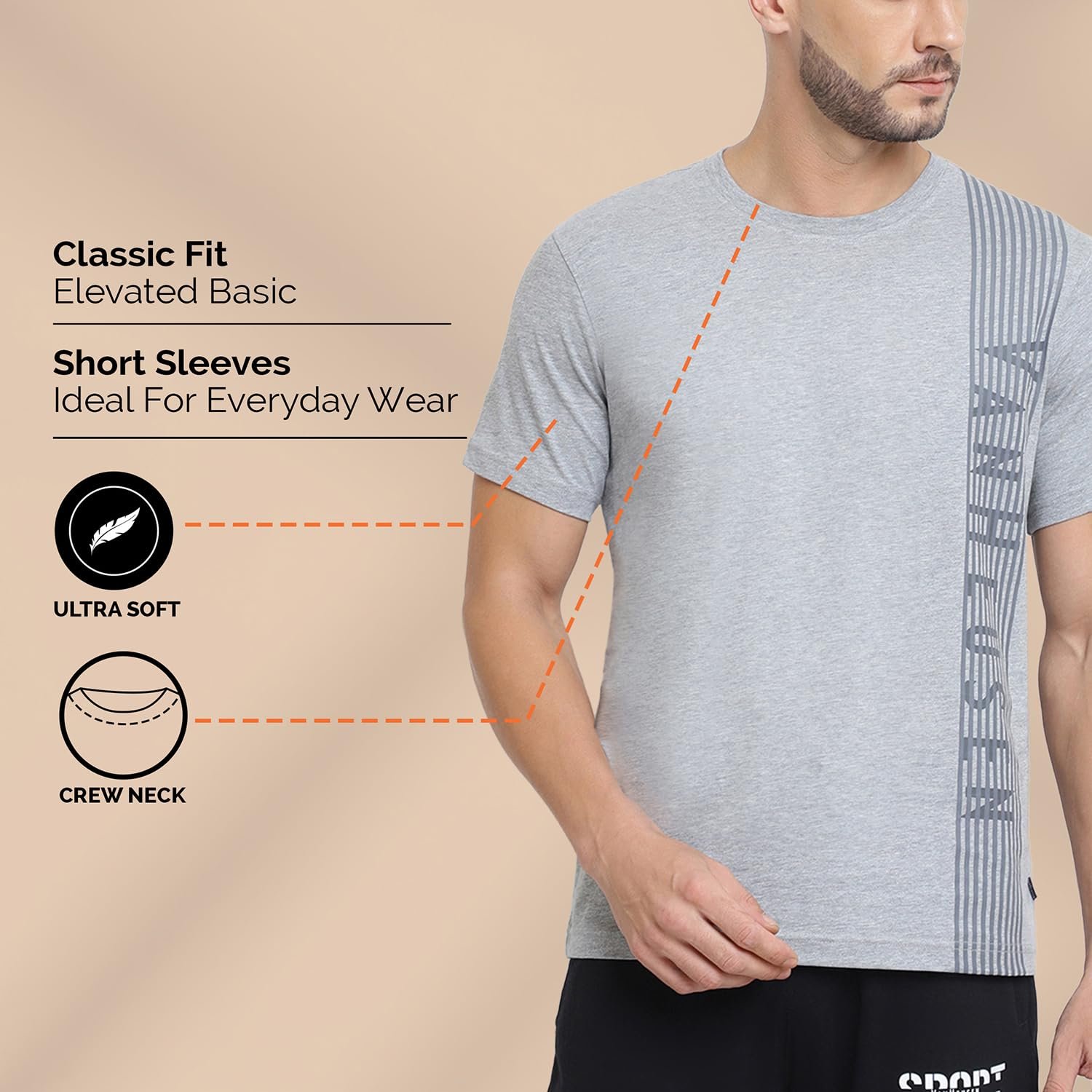 Van Heusen Men Cotton Athleisure Ultra Soft Regular Fit T-Shirt-Crew Neck, Short Sleeve_60044_Grey Melange_L - Image 5