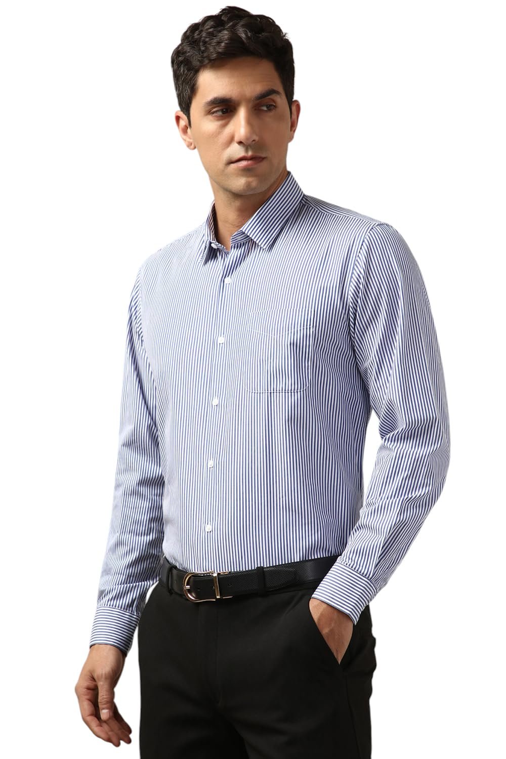 Peter England Men's Regular Fit Full Sleeve Striped Formal Shirt | Cotton Rich | Wonder Fabric | Premium Dobby Weave Blue - Image 5