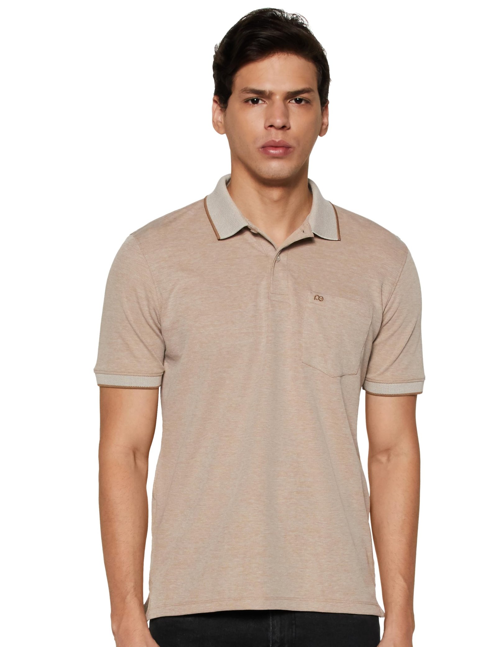 Peter England Men's Premium Branded Regular Fit Half Sleeve Polo T-Shirt with Pocket | Cotton Rich | Birds Eye Interlock Weave Beige