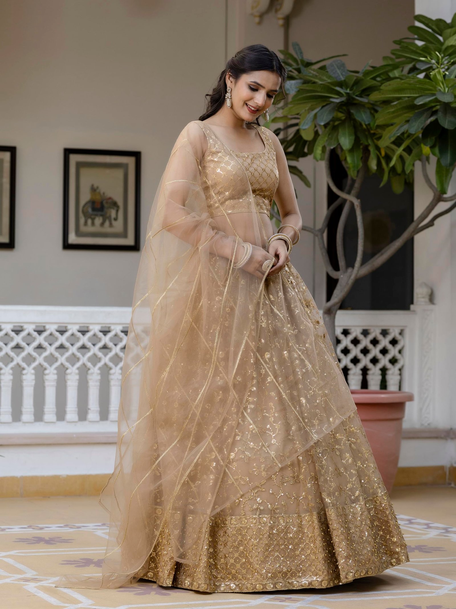 TRENDMALLS Women's Net Embroidery Lehenga Choli With Net Dupatta (L144-Gold, Semi stitched) - Image 3