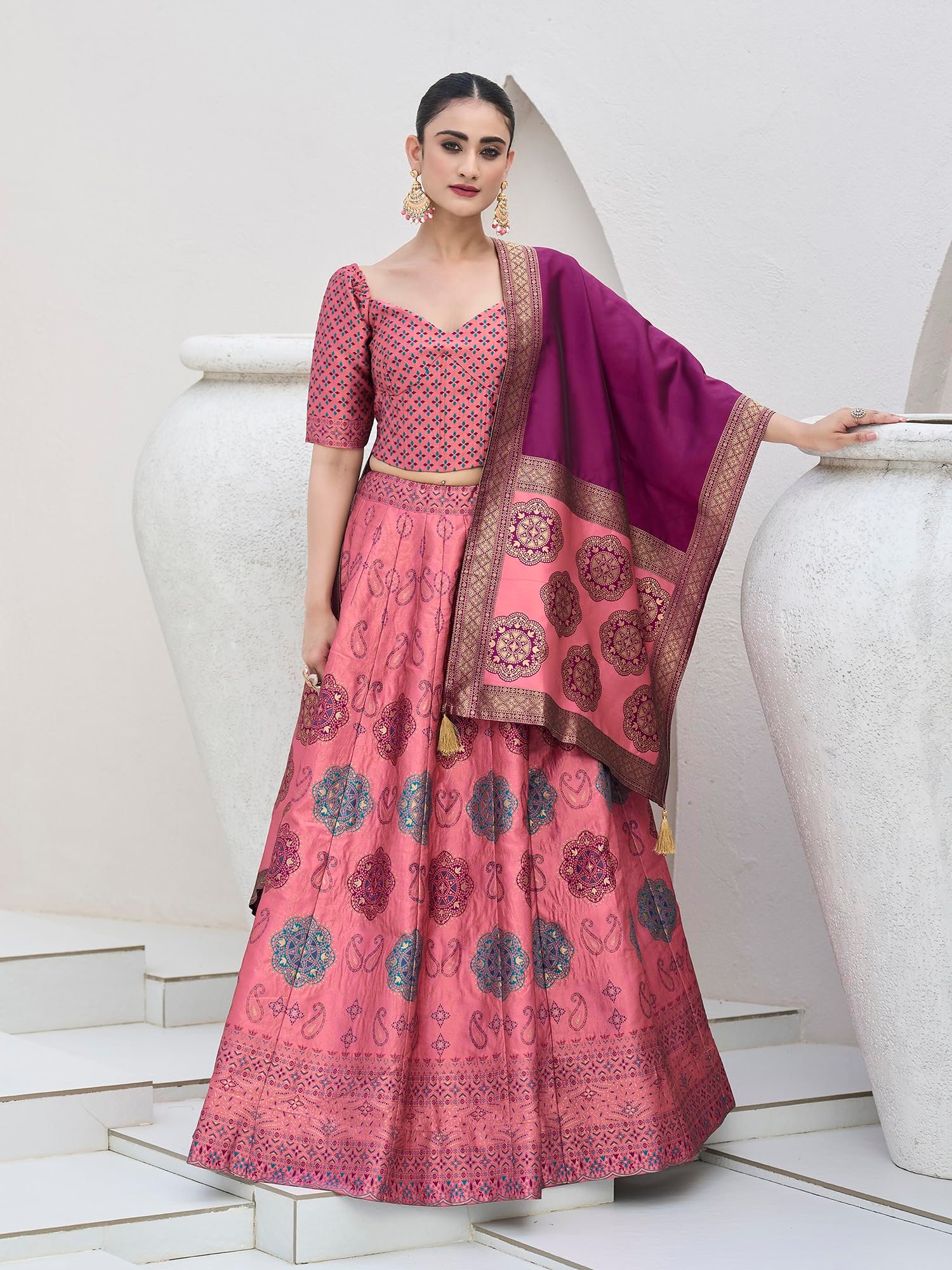 PURVAJA Women's Kanjiwaram Semi-Stitched Lehenga choli (Bahaar-Pink_Free Size) - Image 4