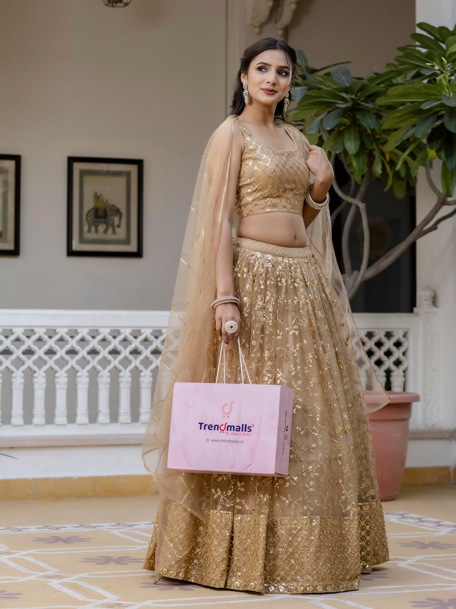 TRENDMALLS Women's Net Embroidery Lehenga Choli With Net Dupatta (L144-Gold, Semi stitched) - Image 8