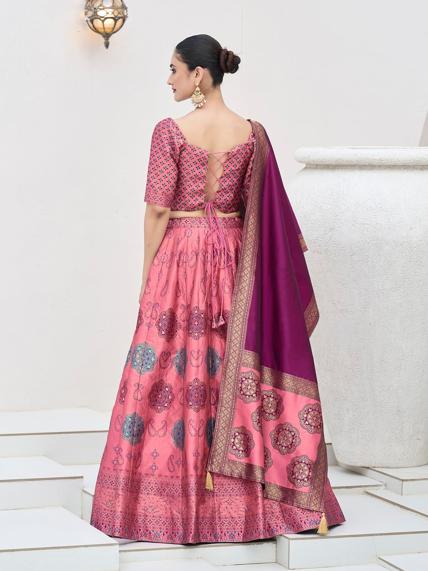 PURVAJA Women's Kanjiwaram Semi-Stitched Lehenga choli (Bahaar-Pink_Free Size) - Image 5
