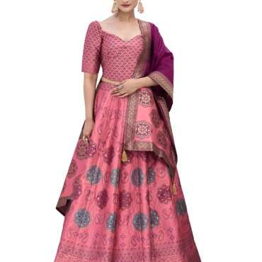 PURVAJA Women's Kanjiwaram Semi-Stitched Lehenga choli (Bahaar-Pink_Free Size)