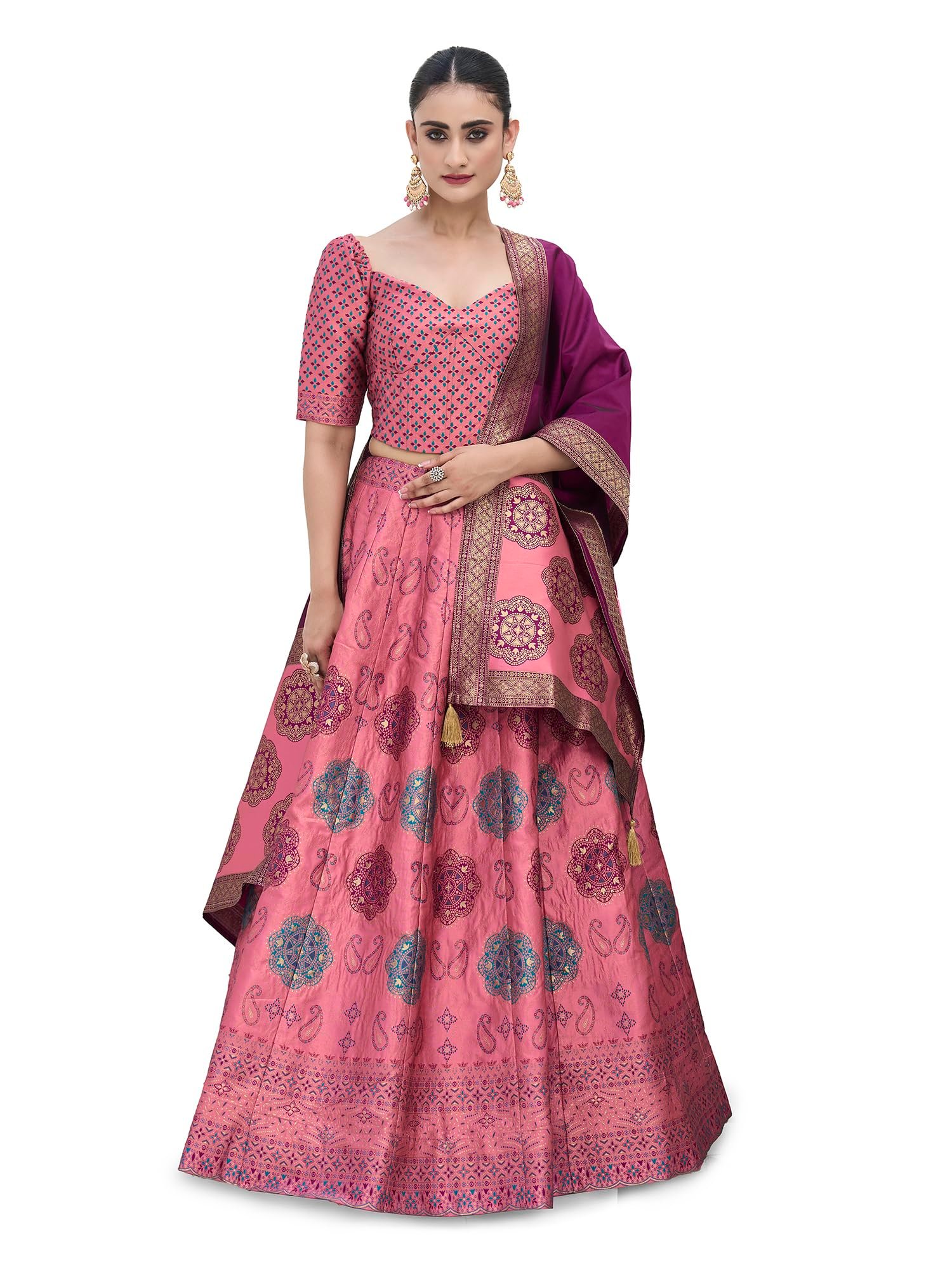 PURVAJA Women's Kanjiwaram Semi-Stitched Lehenga choli (Bahaar-Pink_Free Size)