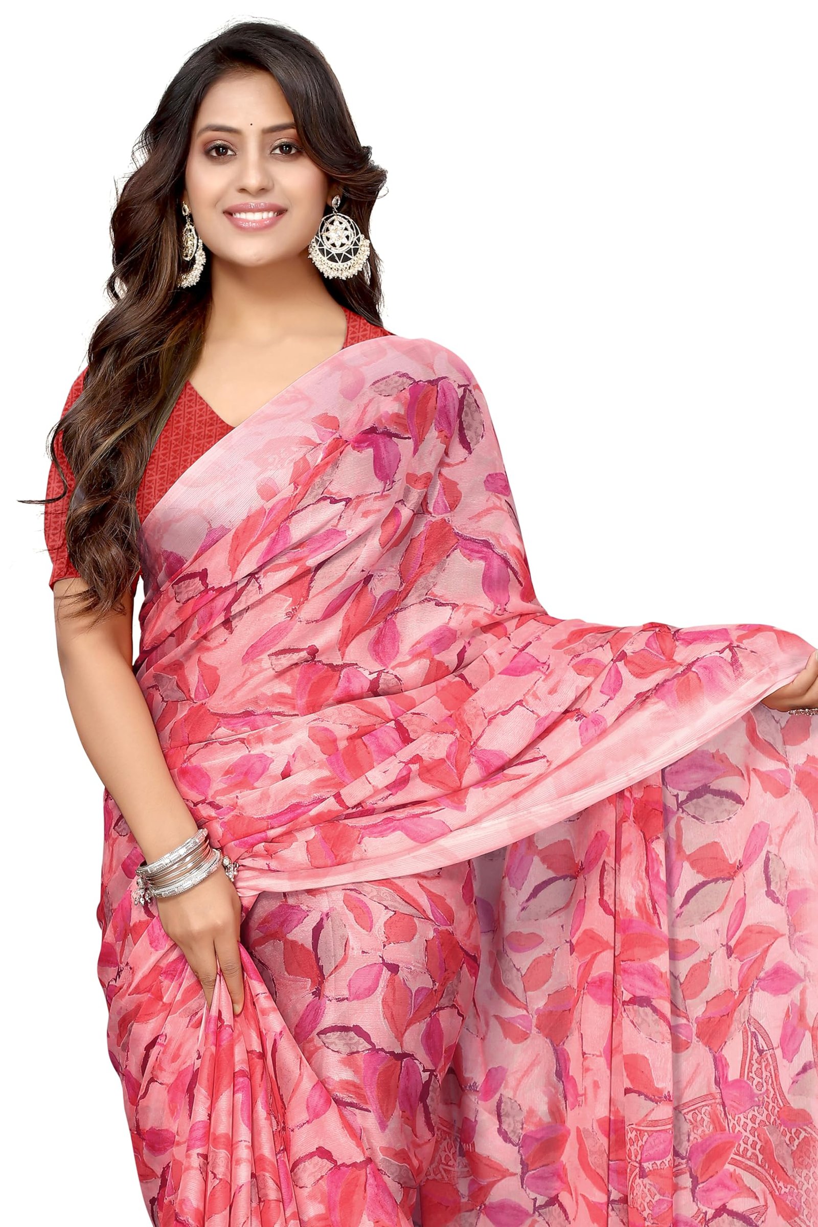 MIRCHI FASHION Chiffon Georgette Floral Printed Sarees for Women with Blouse Piece (40708-Peach)