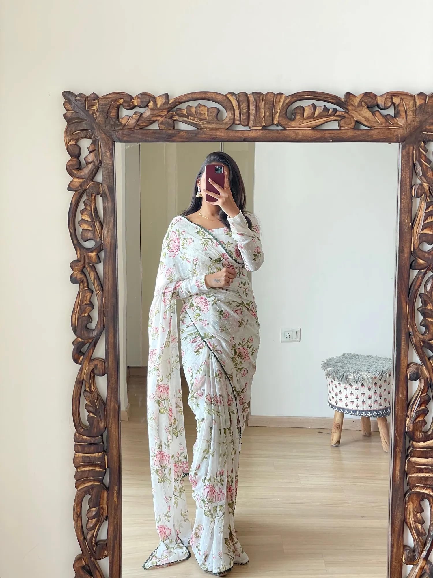 Sidhidata Women's Georgette Printed Ready To Wear one Minute Saree With Unstitched Blouse Piece (1000 Butty White_White_Free Size) - Image 4