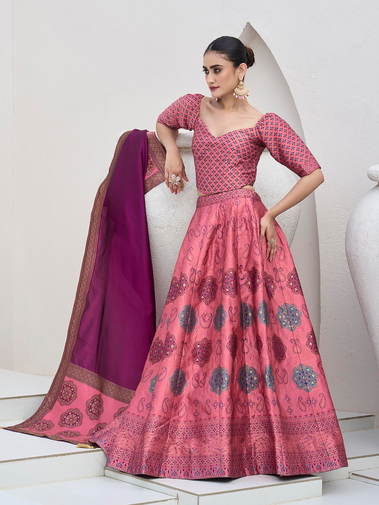 PURVAJA Women's Kanjiwaram Semi-Stitched Lehenga choli (Bahaar-Pink_Free Size) - Image 6