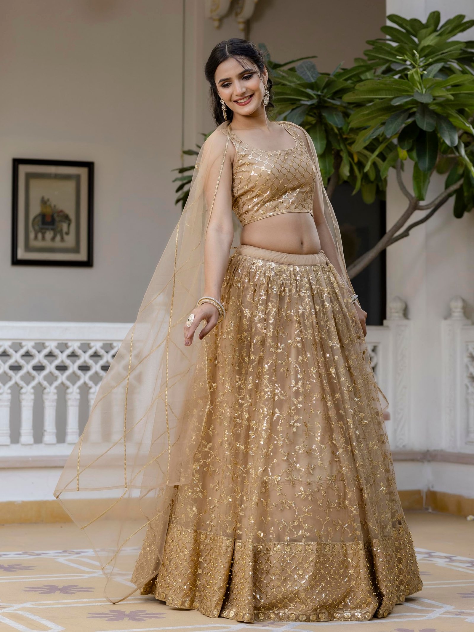 TRENDMALLS Women's Net Embroidery Lehenga Choli With Net Dupatta (L144-Gold, Semi stitched) - Image 6