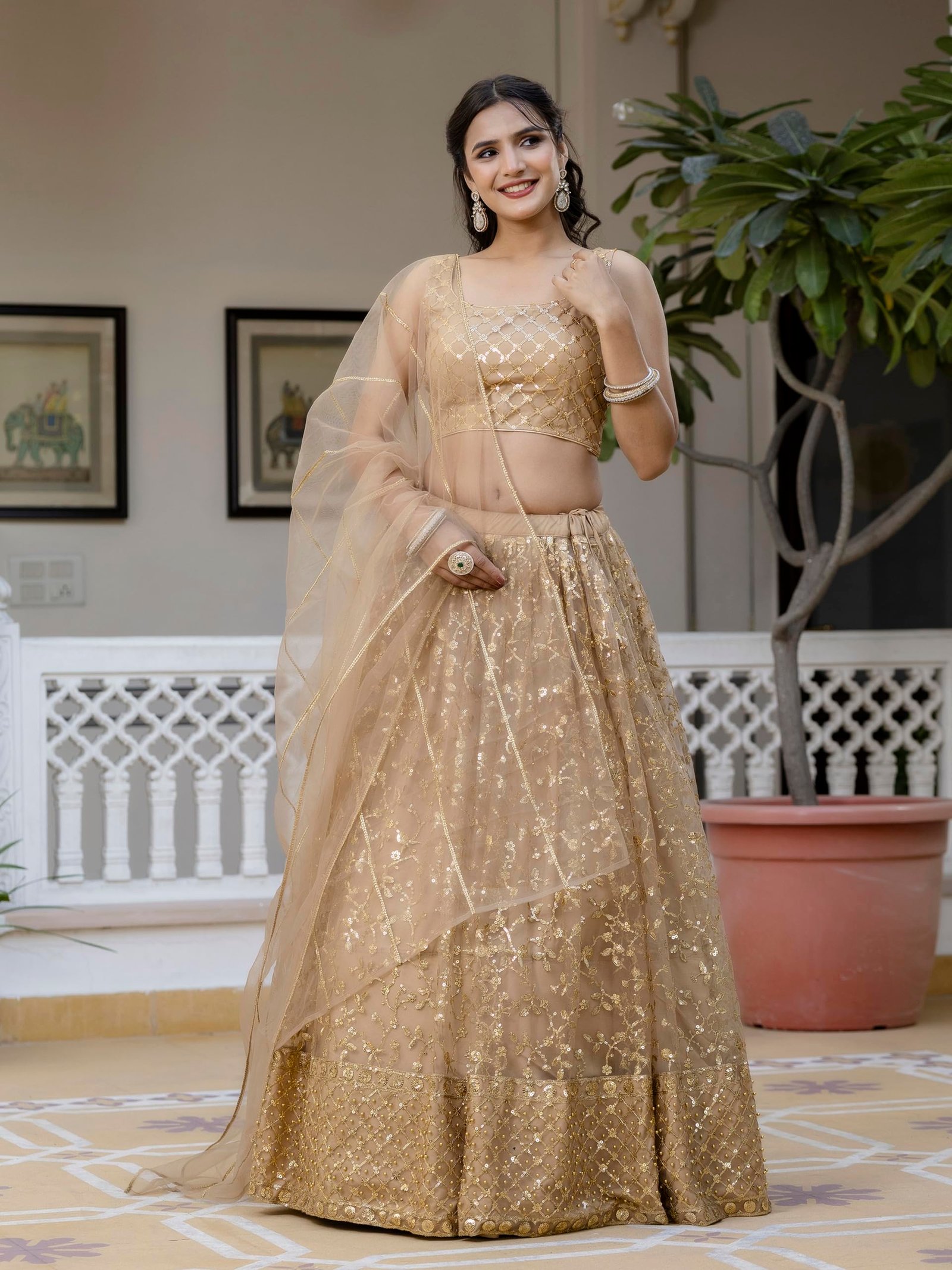 TRENDMALLS Women's Net Embroidery Lehenga Choli With Net Dupatta (L144-Gold, Semi stitched) - Image 7