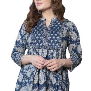 Arayna Women's Pure Cotton Paisley Printed Tunic Top – Comfortable Everyday Wear - Midnight Blue, X-Large