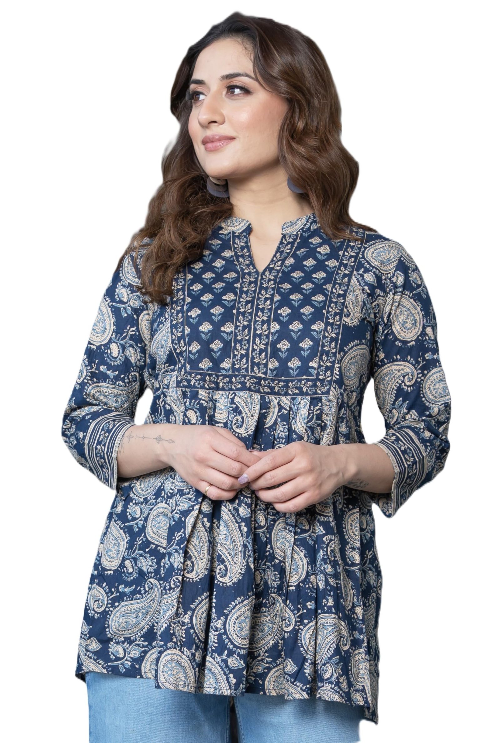 Arayna Women's Pure Cotton Paisley Printed Tunic Top – Comfortable Everyday Wear - Midnight Blue, X-Large