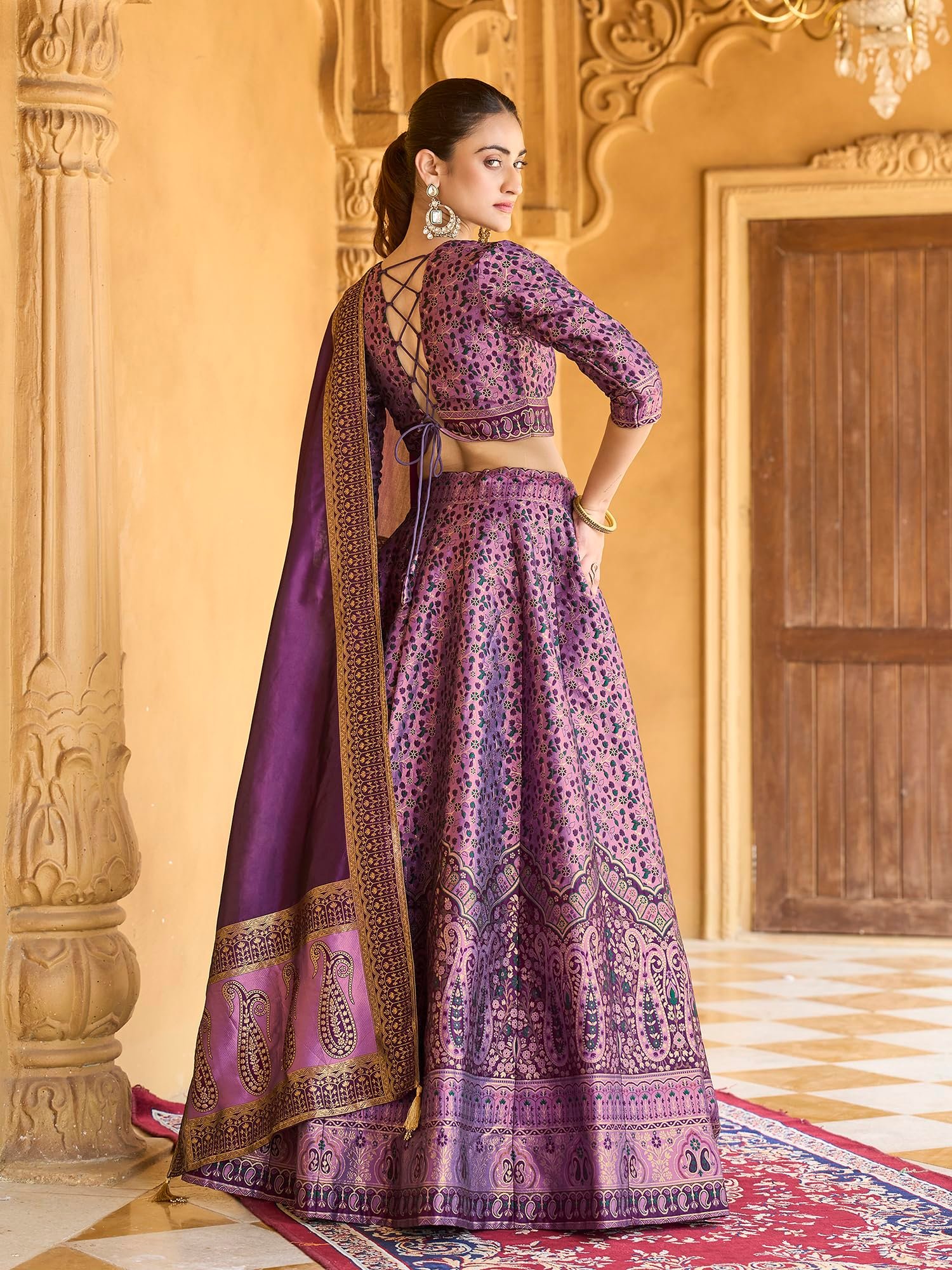 PURVAJA Women's Kanjiwaram Semi-Stitched Lehenga choli (Nadira-Purple_Free Size) - Image 5