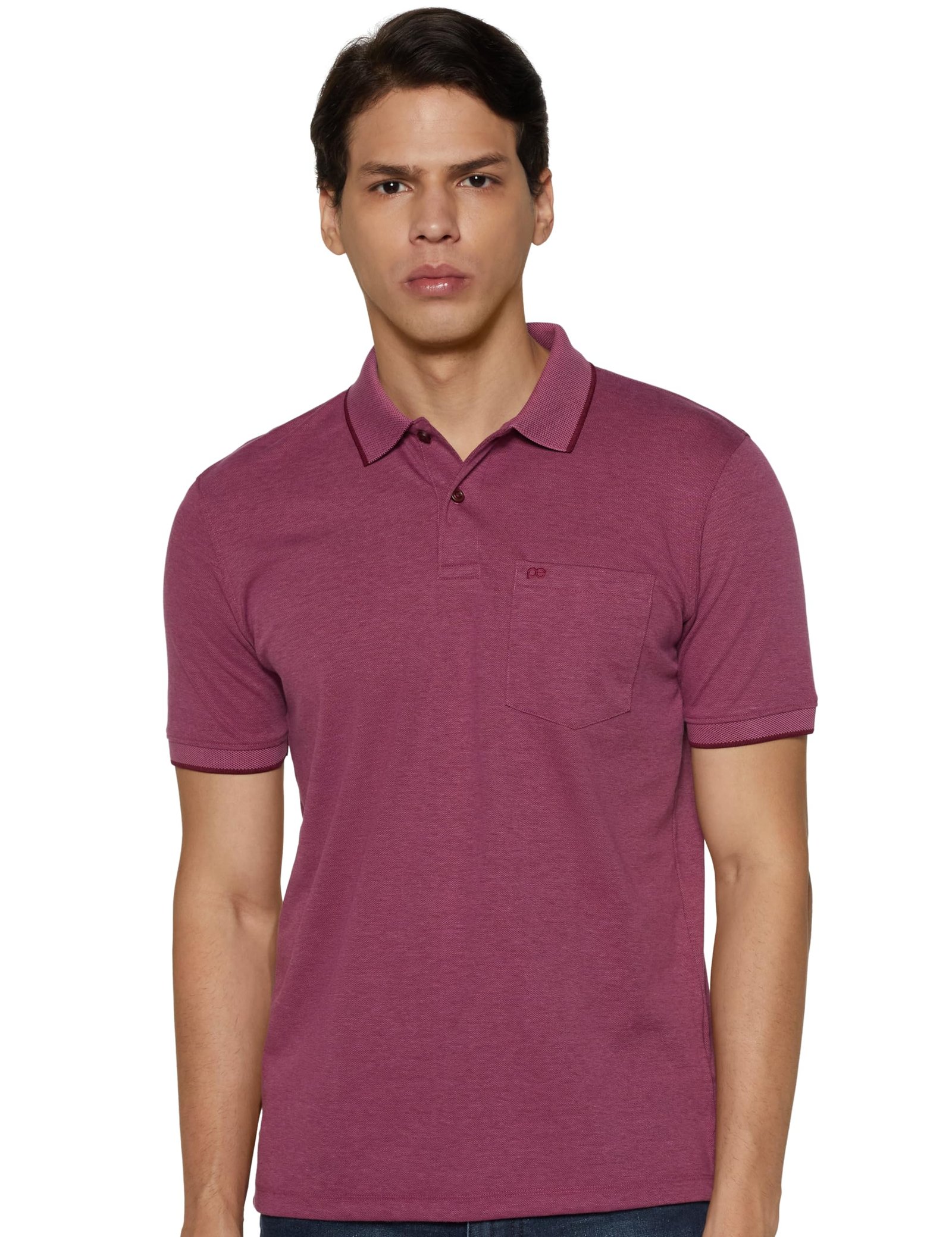 Peter England Men's Premium Branded Regular Fit Half Sleeve Polo T-Shirt with Pocket | Cotton Rich | Birds Eye Interlock Weave Magenta