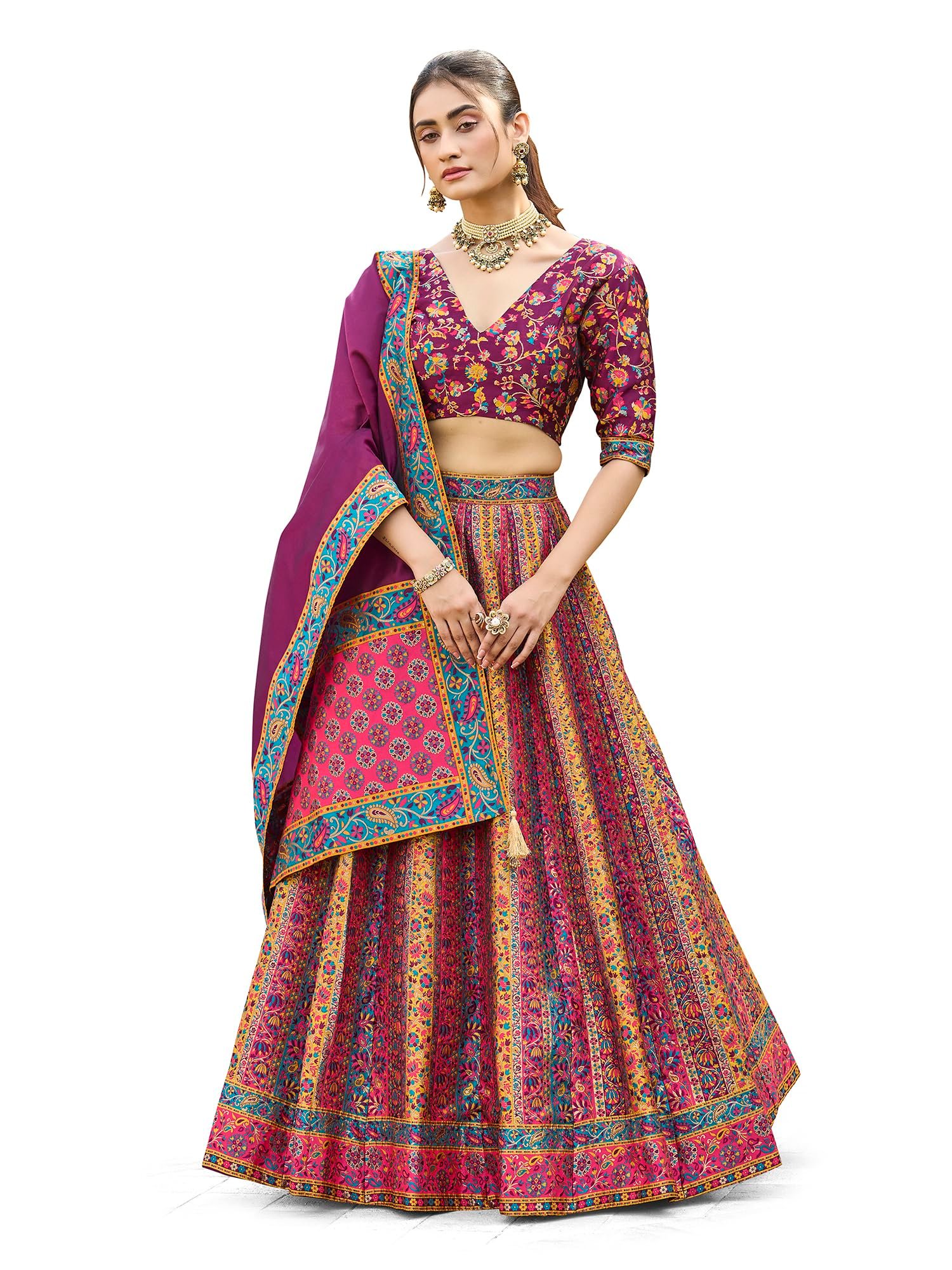 PURVAJA Women's Jacquard Semi-Stitched Lehenga choli (Hira-Wine_Free Size)