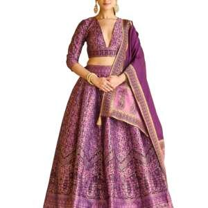 PURVAJA Women's Kanjiwaram Semi-Stitched Lehenga choli (Nadira-Purple_Free Size)