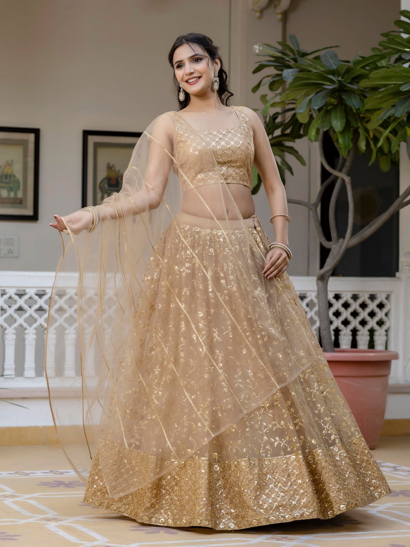 TRENDMALLS Women's Net Embroidery Lehenga Choli With Net Dupatta (L144-Gold, Semi stitched) - Image 2
