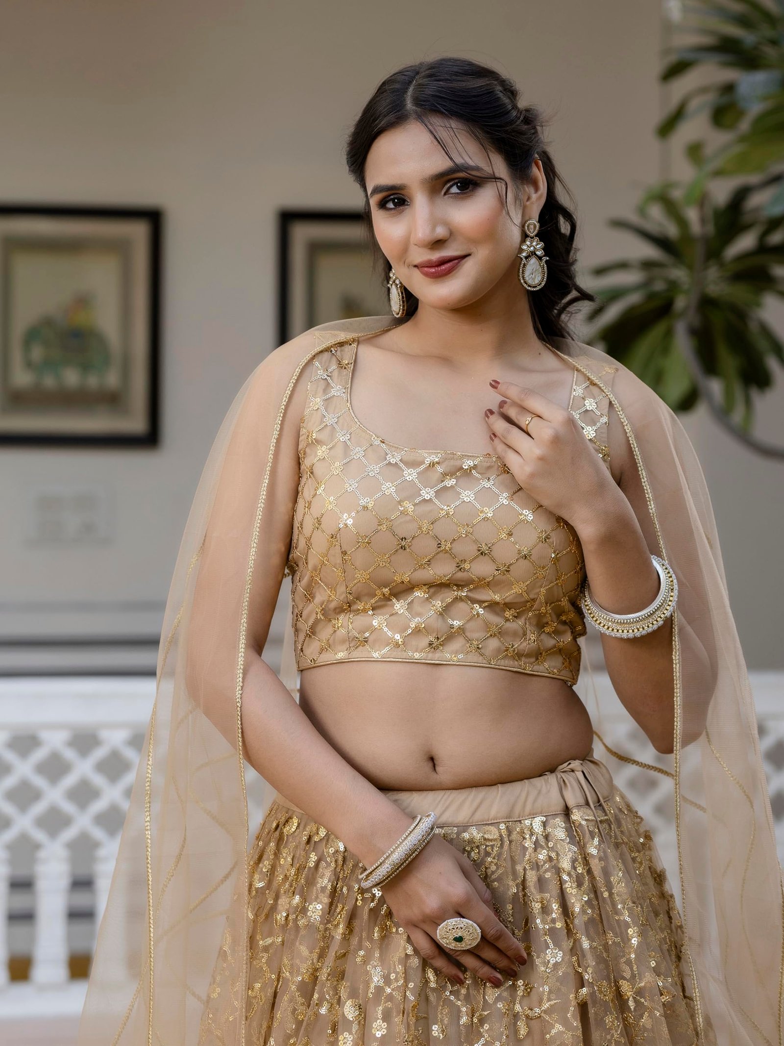 TRENDMALLS Women's Net Embroidery Lehenga Choli With Net Dupatta (L144-Gold, Semi stitched) - Image 5