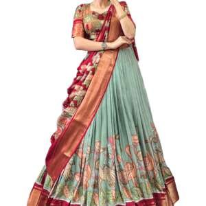 HETRANG CREATION Dola Silk Kalamkari Print Zari Border Lehenga Choli with Jacquard Border Silk Lehenga Set (SEA GREEN)