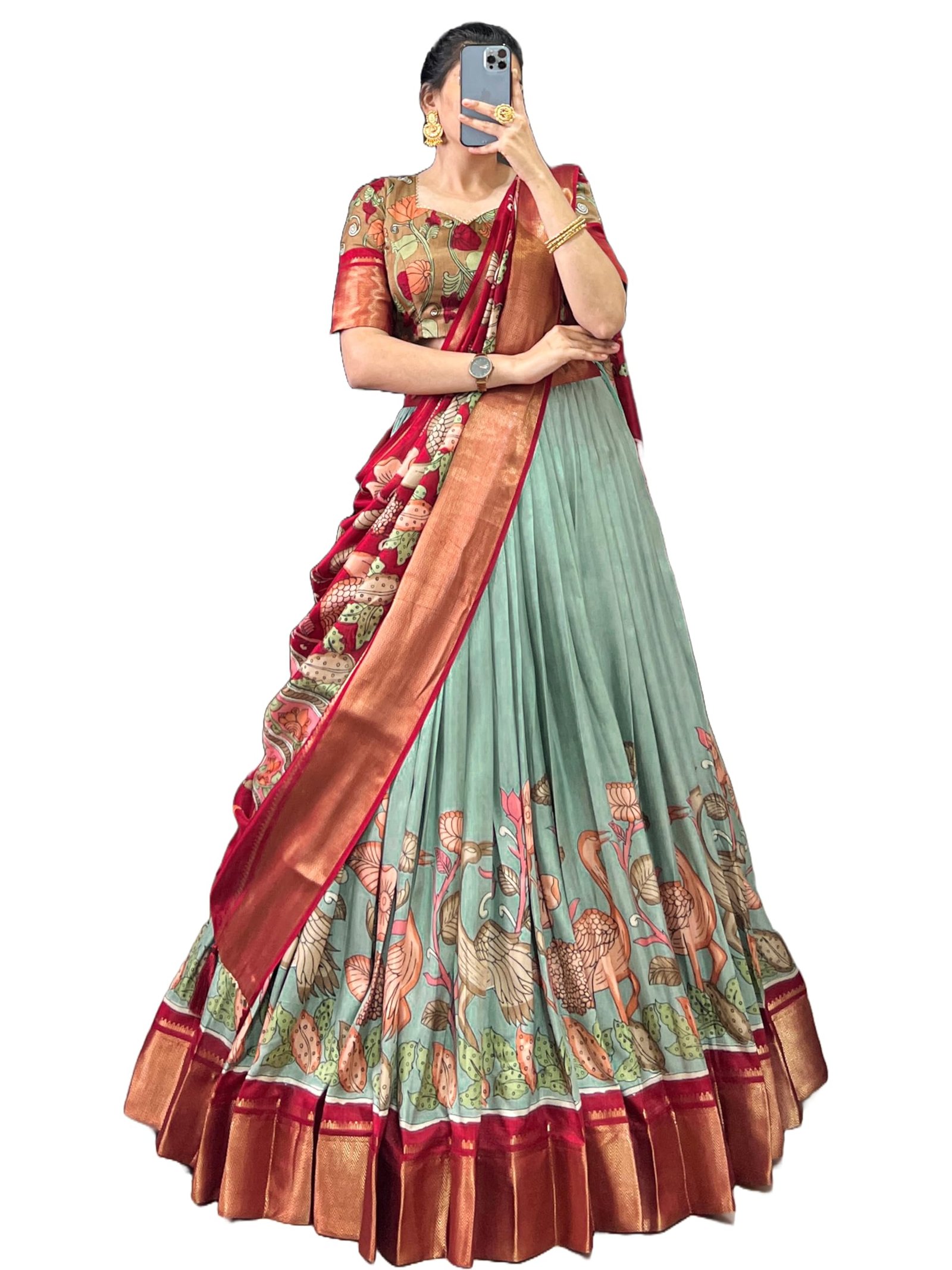 HETRANG CREATION Dola Silk Kalamkari Print Zari Border Lehenga Choli with Jacquard Border Silk Lehenga Set (SEA GREEN)