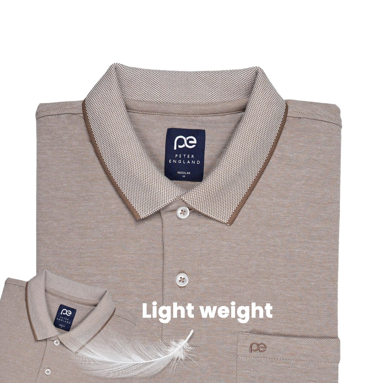 Peter England Men's Premium Branded Regular Fit Half Sleeve Polo T-Shirt with Pocket | Cotton Rich | Birds Eye Interlock Weave Beige - Image 5