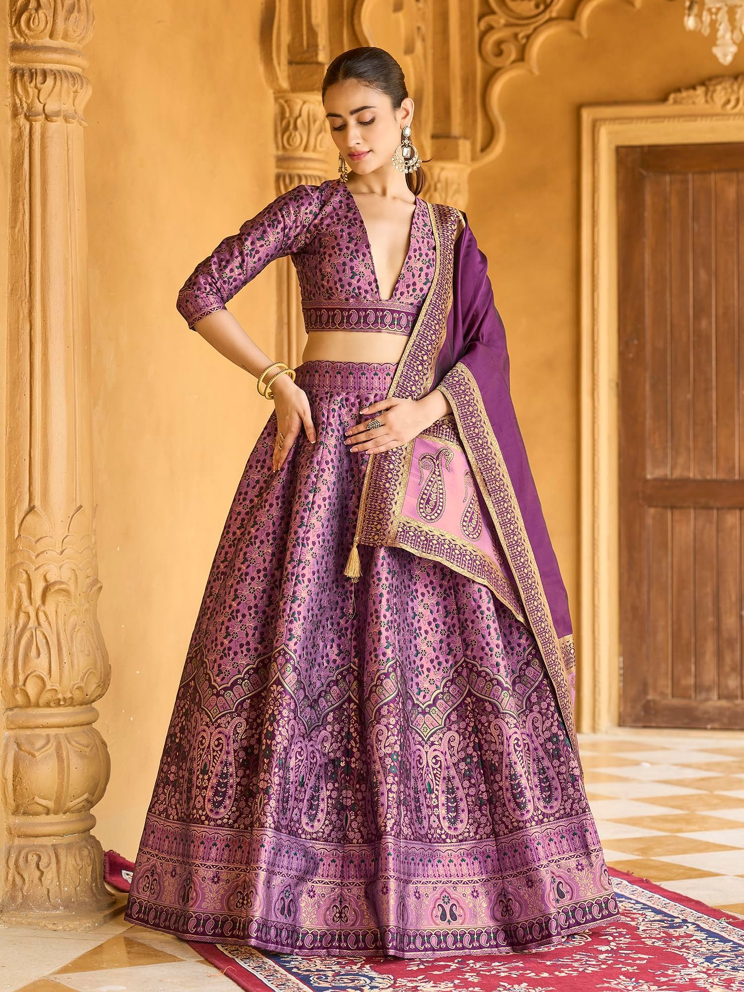 PURVAJA Women's Kanjiwaram Semi-Stitched Lehenga choli (Nadira-Purple_Free Size) - Image 4