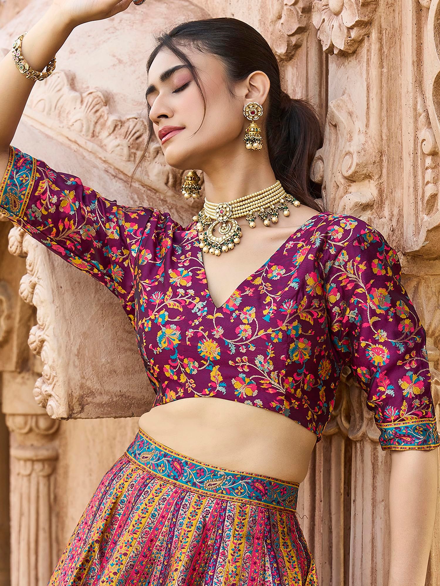 PURVAJA Women's Jacquard Semi-Stitched Lehenga choli (Hira-Wine_Free Size) - Image 3