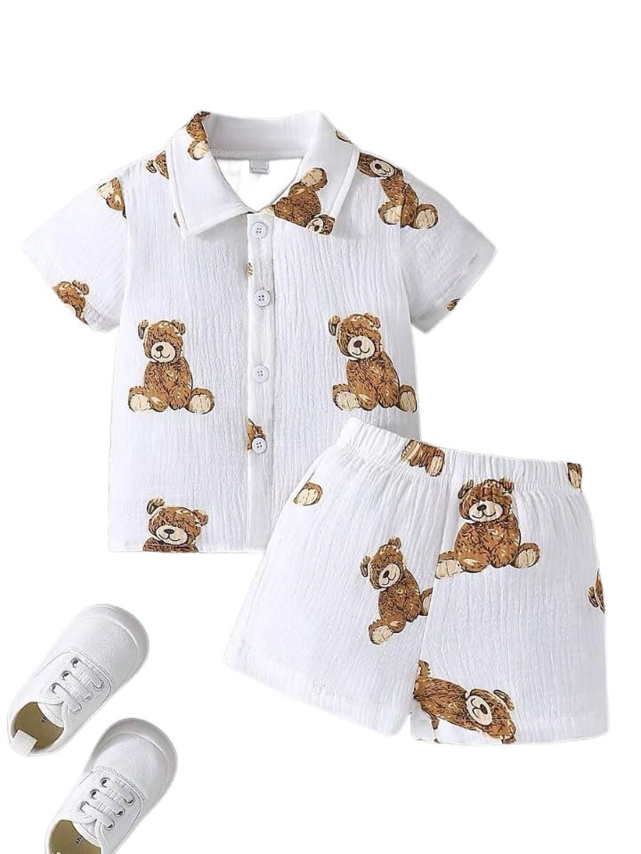 Kids Boy's Printed Cotton Blend Short Sleeve Regular Wear Shirt & Shorts Set (WHITE, 1-2 Years)