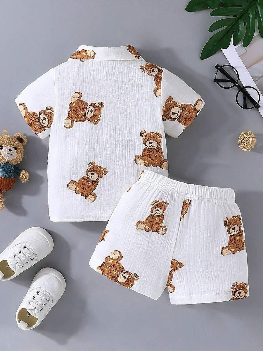 Kids Boy's Printed Cotton Blend Short Sleeve Regular Wear Shirt & Shorts Set (WHITE, 1-2 Years) - Image 4