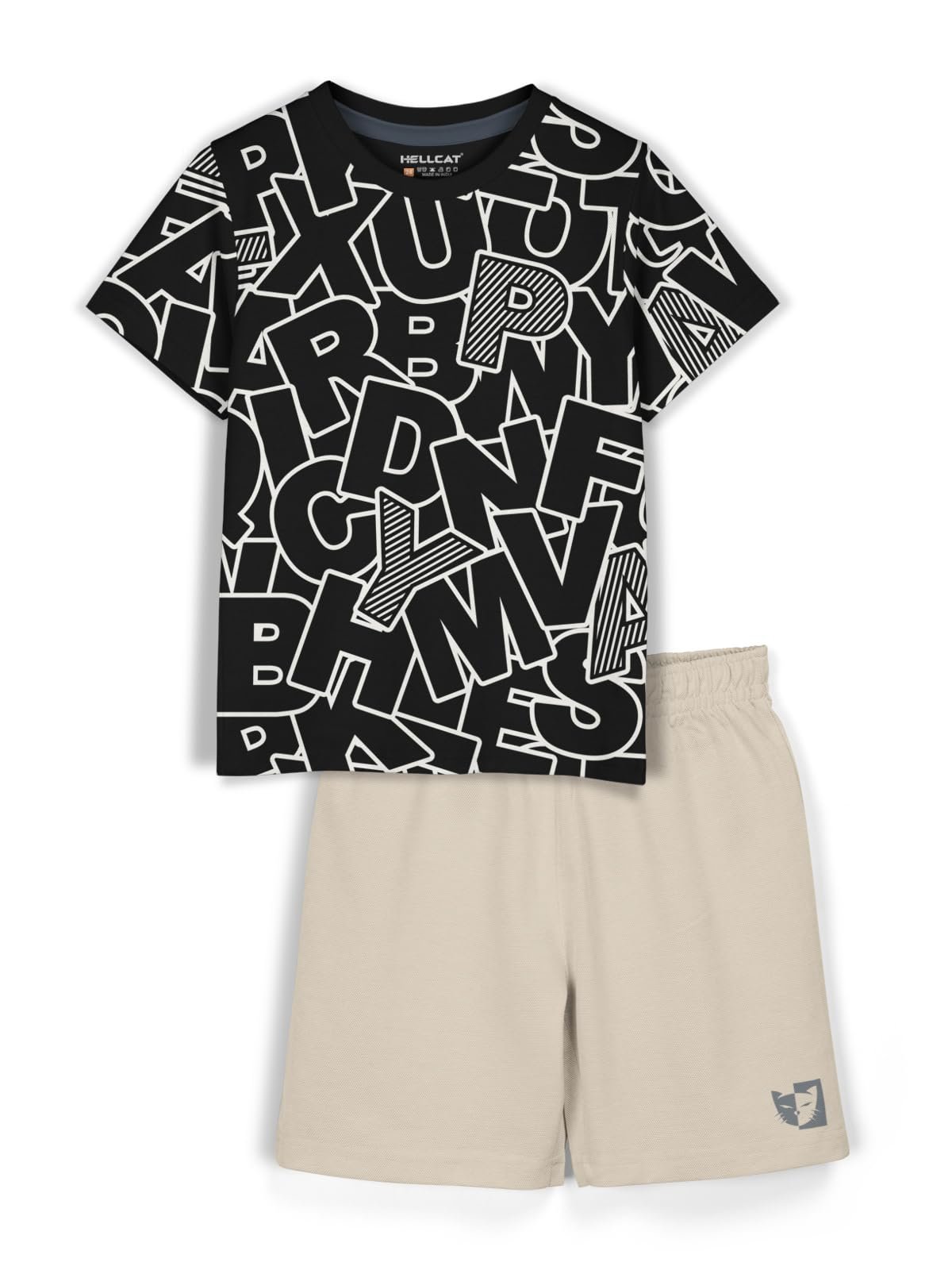 HELLCAT Cotton Blend Boys Dress Clothing Set Combo with Tshirts & Shorts - Pack 1 Black3 9-10 Years, Printed