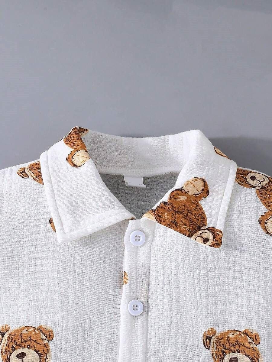 Kids Boy's Printed Cotton Blend Short Sleeve Regular Wear Shirt & Shorts Set (WHITE, 1-2 Years) - Image 2