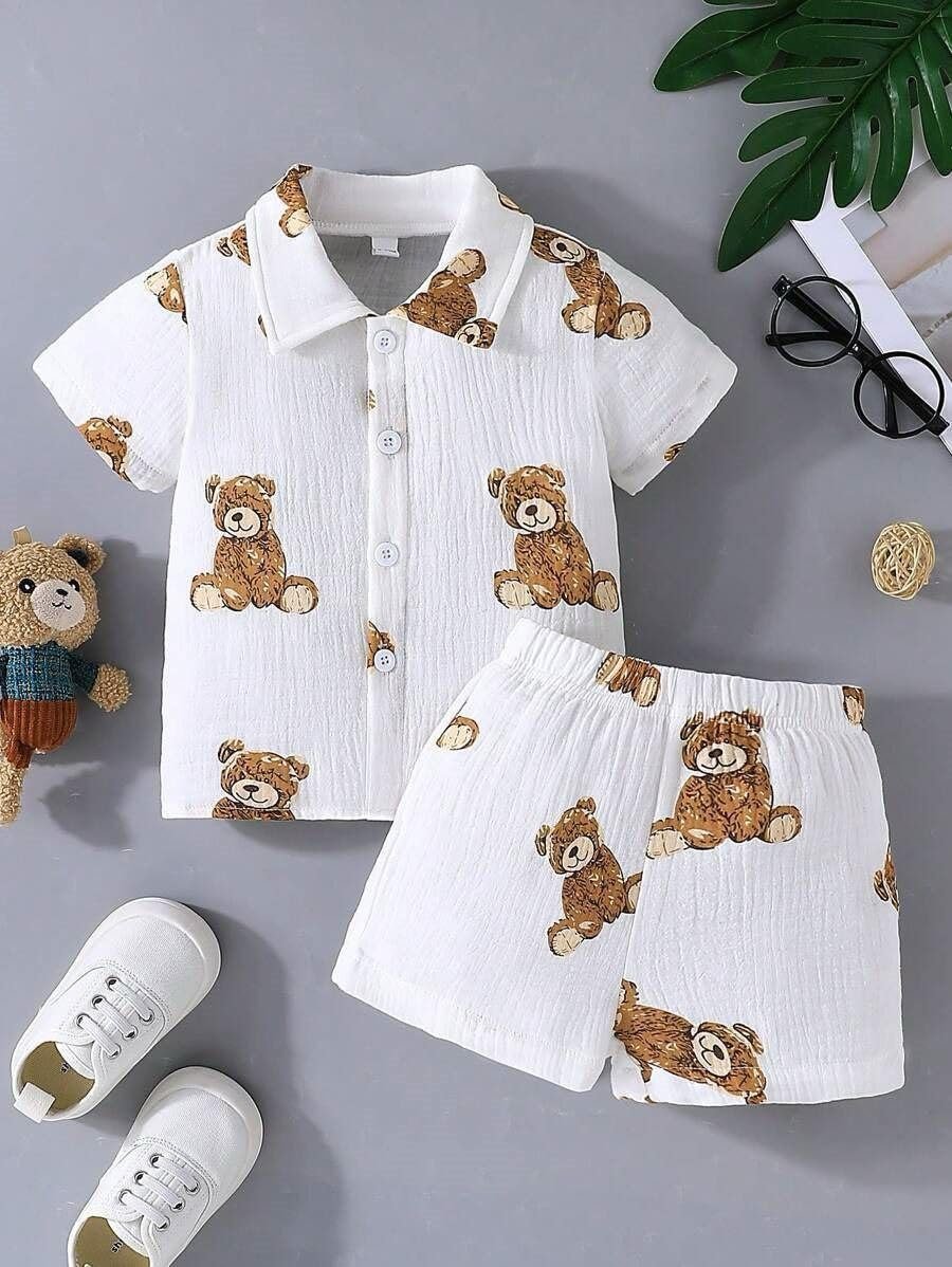 Kids Boy's Printed Cotton Blend Short Sleeve Regular Wear Shirt & Shorts Set (WHITE, 1-2 Years) - Image 7