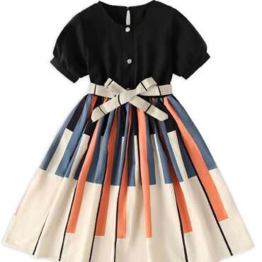 PAMBERSTON Girls Geometric Print Dress for Kids, Fit and Flare, Round Neck, Frock for Girls (Black, 9 Years)