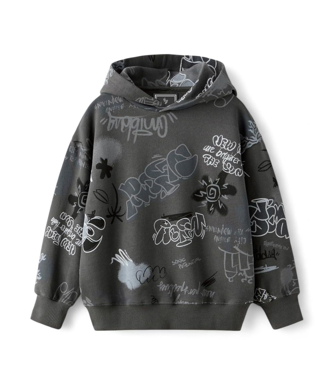 Alan Jones Clothing Boys Oversize Hoodie with Graffiti Print | Full Sleeve Sweatshirt for Kids & Teens | Age 6-16 Years (Anthracite Grey_15-16 Years)